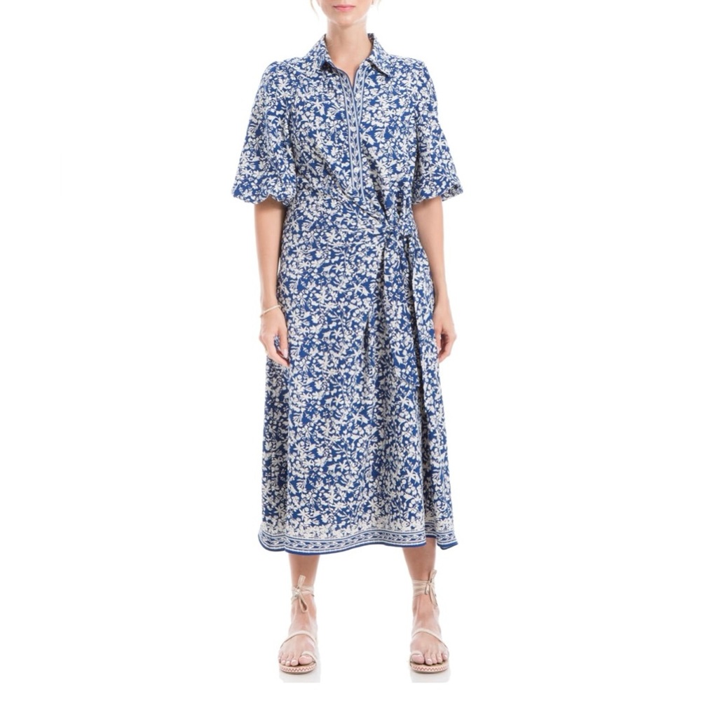 NWT Max Studio Blue Floral Button-Front Midi Dress with Tie Waist